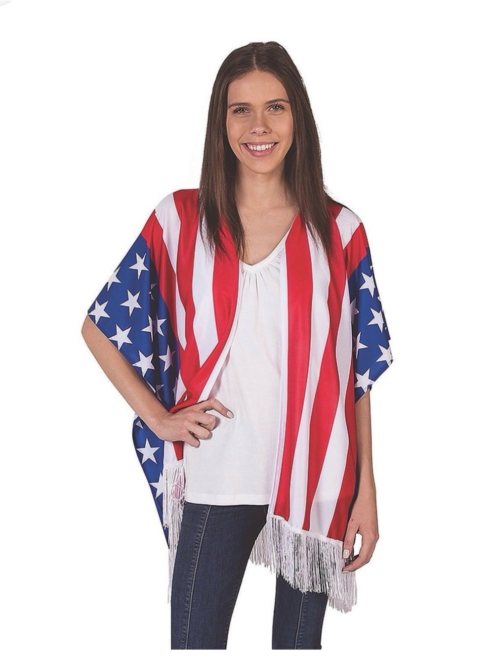 Patriotic Open-Front Fringe Kimono - Red, White & Blue one size fits most -XS-XL